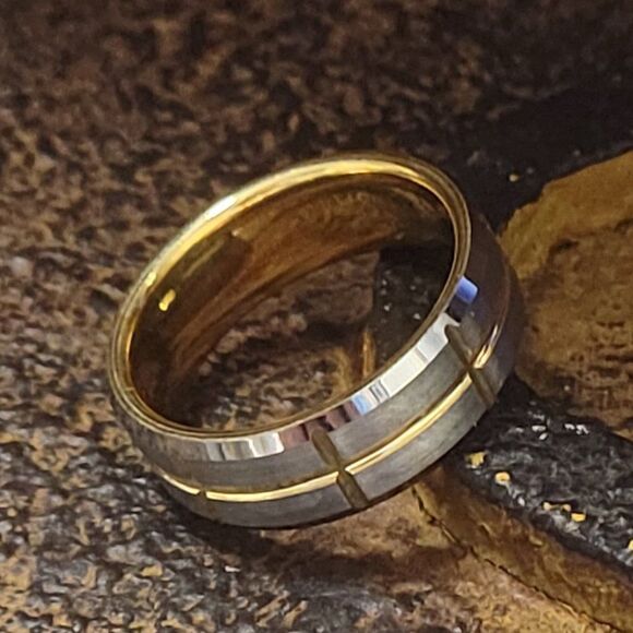 Men's Real Tungsten Promise Ring Brushed Steel 14k Gold Grooves - Guy's Ring - Picture 4 of 10